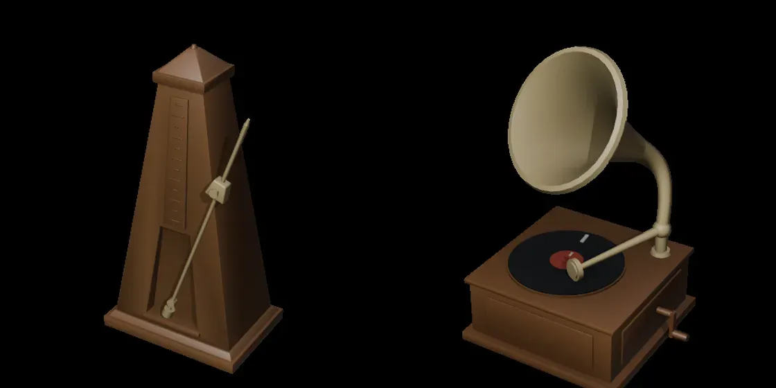Two models made in bpy, rendered with Workbench: a wooden metronome with its graduated scale and its pendulum, and a gramophone with a revolved horn, a record and its label