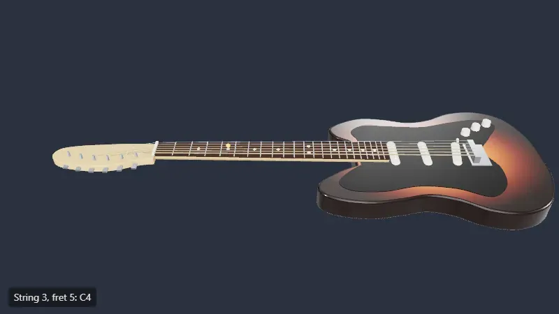 A three-quarter view of a whole electric guitar on a dark blue-gray background: a sunburst body with a black pickguard, three cream pickups and chrome knobs, a rosewood fretboard with dot inlays, and a light maple headstock with six tuners; a small orange sphere sits on the third string at the fifth fret, and a label at the bottom left reads String 3, fret 5: C4.
