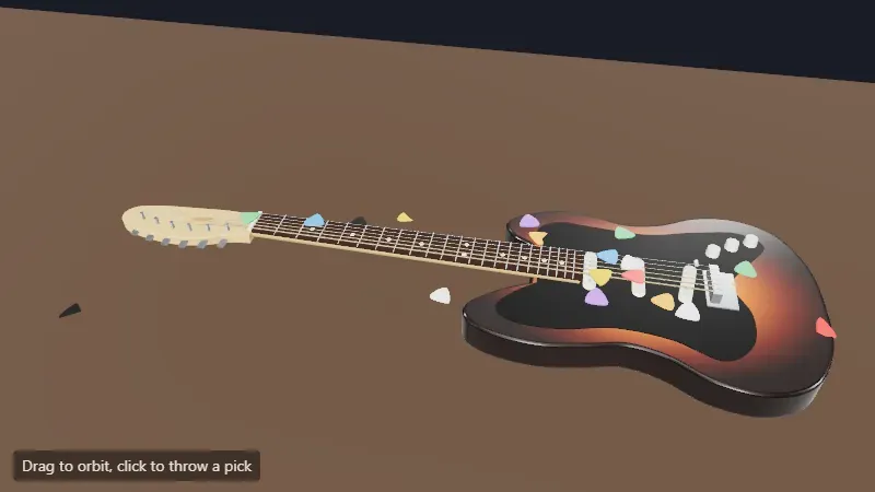 A whole electric guitar lying on a brown table, seen from above at an angle, with about twenty guitar picks in pink, blue, green, yellow, purple, white and black resting on its body, on its fretboard and on the table around it.