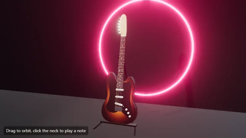 A sunburst electric guitar standing on a black stand on a dark gray floor, in front of a dark wall with a large glowing pink neon ring behind it; the ring casts a soft pink halo on the wall, and the headstock catches a bright light at the top.