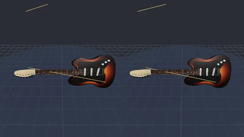 Two nearly identical views side by side, the left and right eyes of an emulated headset: a whole electric guitar floating above a gray grid floor, seen from above, with a thin orange controller ray crossing its strings in each view.