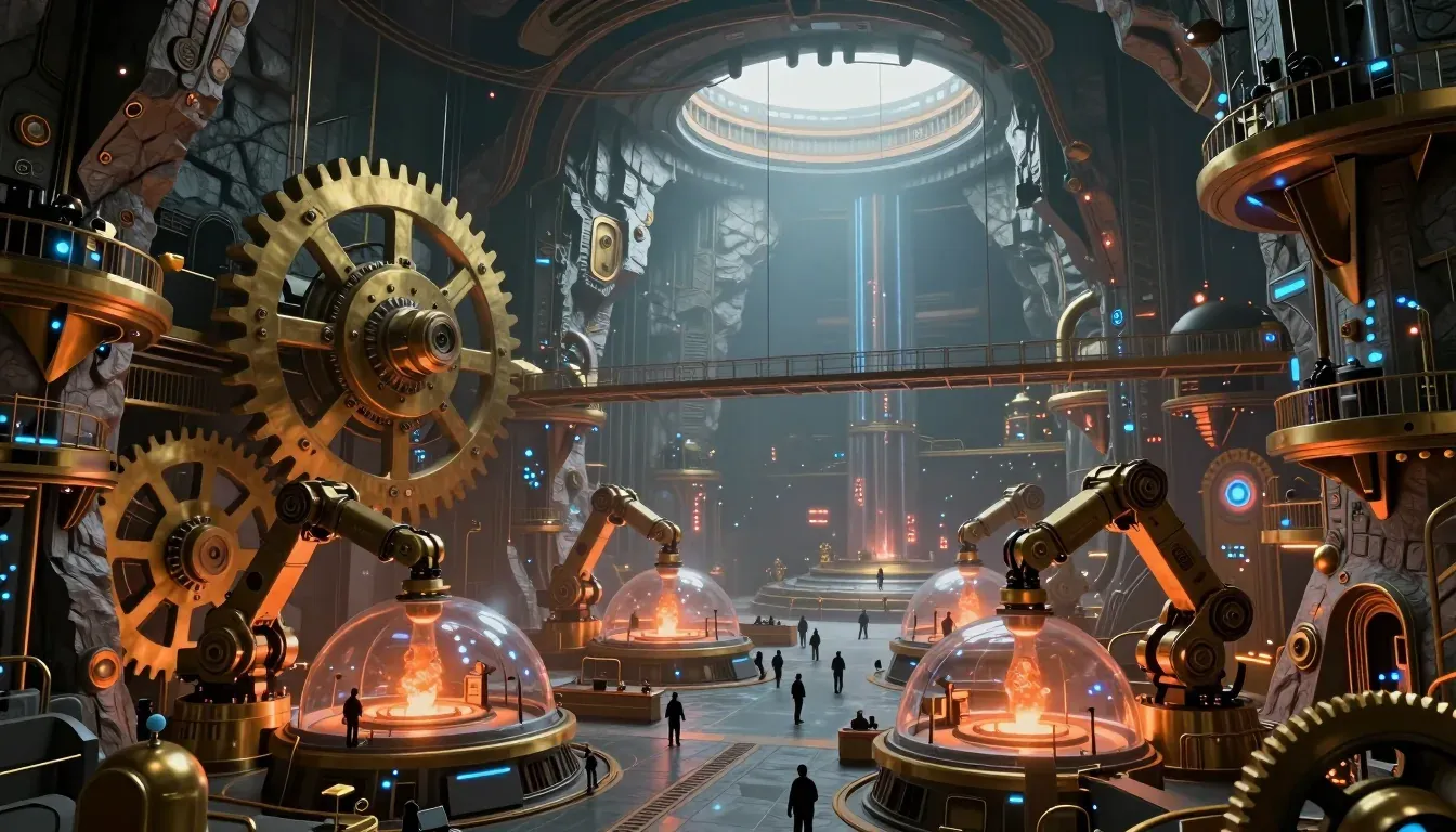 Conceptual art: an underground city of machines in a vast cavern. Giant brass gears and robotic arms bend over glass domes that hold glowing forges, a walkway spans the rock walls, small human silhouettes cross the floor, and a circular shaft of daylight opens high above.
