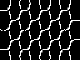 White edge lines on black, drawn in blocky pixels: a honeycomb of wavy cells drawn from the course’s test pattern.