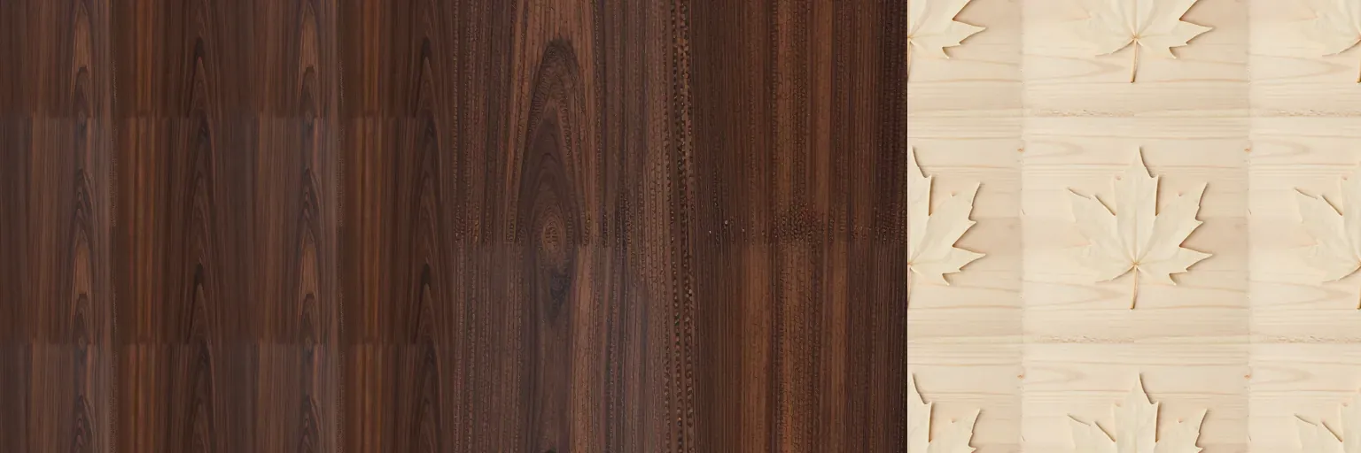 Three panels. A 2 × 2 repeat of a rosewood texture, with faint horizontal and vertical lines across each tile. A crop of the middle of that texture, where a row of dark speckles runs across the grain and the lower half is lighter. A 2 × 2 repeat of pale wood with a large carved maple leaf in each tile.
