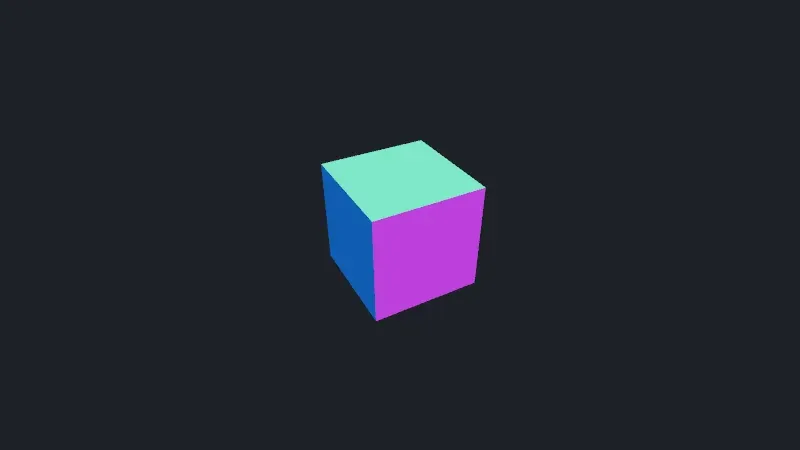 A cube on a dark gray background, turned so that three faces show: a light green top, a magenta front and a blue side, each colored by the direction it faces.