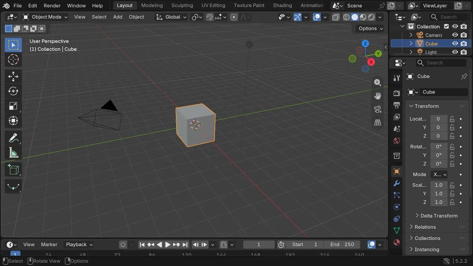 Blender 5.2.2’s Layout workspace with the factory scene: a cube, a camera and a light in the 3D viewport, the outliner and the properties editor on the right, and the timeline at the bottom