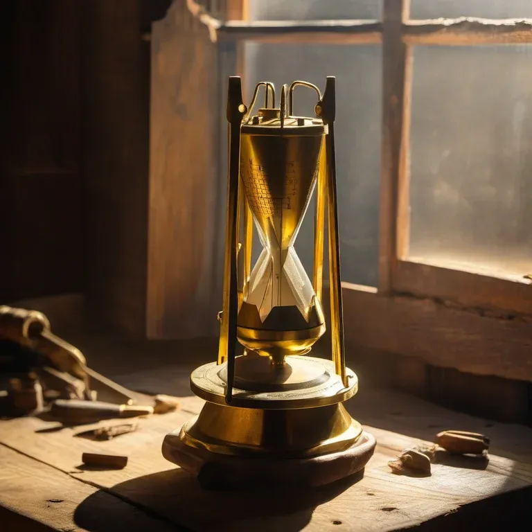 A brass object on an old wooden workbench, lit by morning sun through a dusty window. It looks more like an ornate hourglass than a metronome: a tall glass body with a narrow waist, held in a brass frame on a round base.
