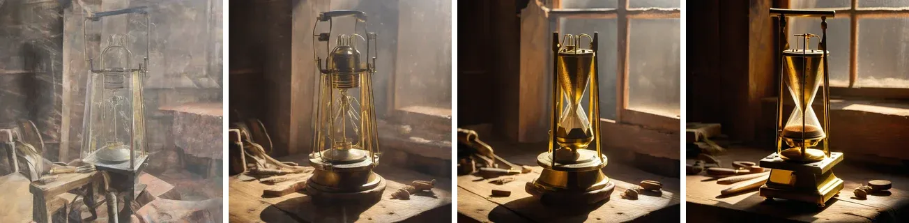 Four renders side by side. With CFG 1, a washed-out, transparent glass lantern in a faded room. With CFG 3, a pale brass object in a hazy workshop. With CFG 7, the saturated brass object of lesson 1. With CFG 12, a more contrasted version with a square base.