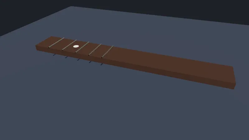The same fretboard, without its large shadow on the table: five short dark marks, the shadows of the frets, lie on the table just below the neck.