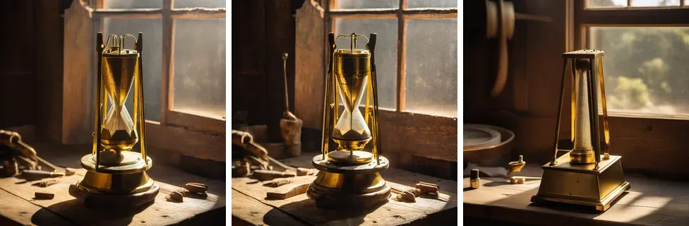 Three renders side by side. euler with normal: the brass object of lesson 1. dpmpp_2m with karras: a very similar composition with small differences in the tools. euler_ancestral: a different object, a brass pyramid on a square base, in front of a sunlit window.