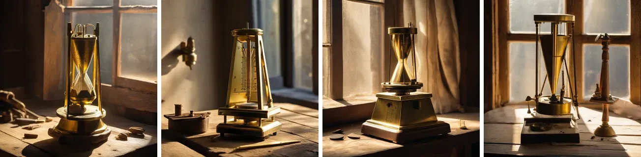 Four renders side by side, all of a brass object on a workbench by a window. Seed 42: the ornate hourglass-like object. Seed 43: a pyramid-shaped object with a graduated scale, closer to a metronome. Seed 7: a squat hourglass on a square base, with a curtain. The second image of a batch of two with seed 42: a tall conical object next to a wooden stand.