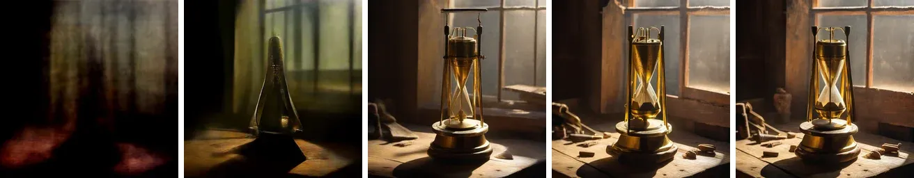 Five renders side by side. With 1 step, a dark reddish blur. With 4 steps, a dim, soft cone-shaped object in a dark room. With 10 steps, a clear brass object on a workbench by a window. With 25 and 50 steps, a sharper version of the same scene, the 50-step one with more tools on the bench.