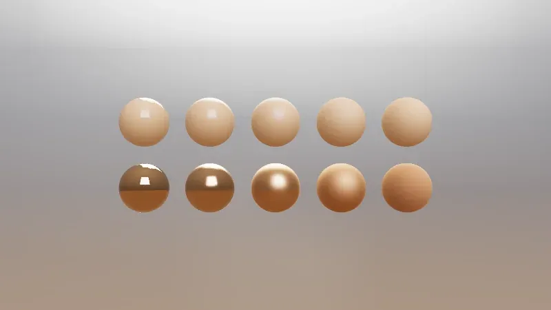 Ten tan spheres in two rows against a blurred gray studio background. In the top row, the plastic-like spheres go from glossy, with a sharp white reflection of a softbox, to matte. In the bottom row, the metal spheres go from a mirror-like copper with a sharp reflection to a soft, evenly lit copper.