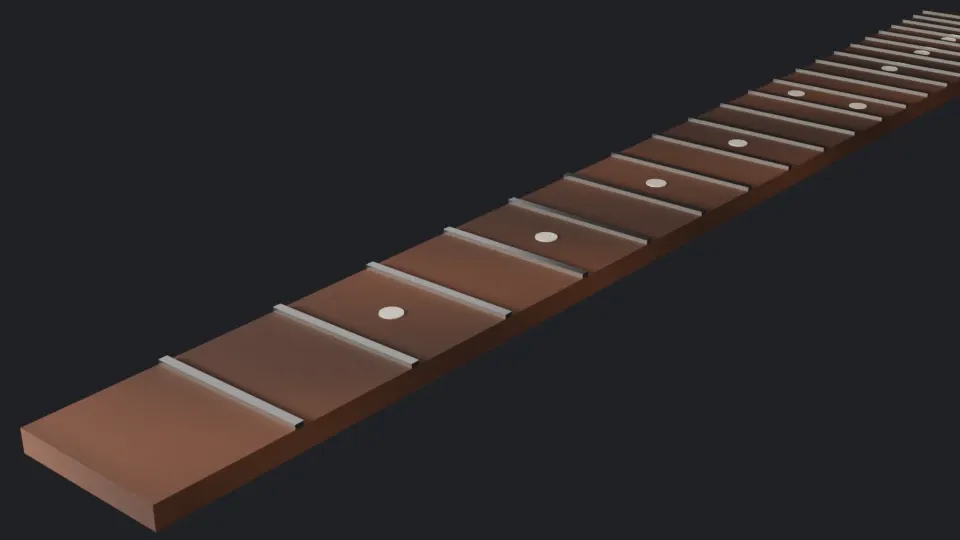 The fretboard rendered by Cycles with 256 samples and denoising: soft shadows under the frets and a highlight along each fret wire