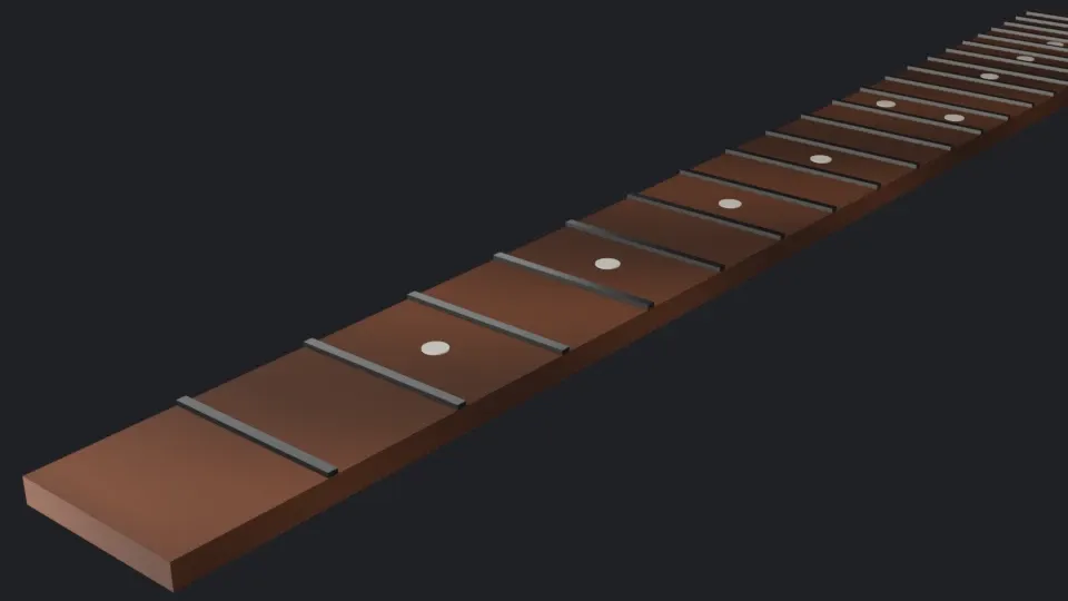 The same scene rendered by EEVEE with 64 samples: the same materials, sharper and darker contact shadows, and flatter highlights on the frets