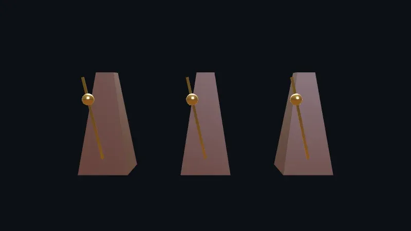 Three identical metronomes side by side on a dark background: tapered bodies with a thin brass rod and a round brass weight, all three rods tilted the same way.