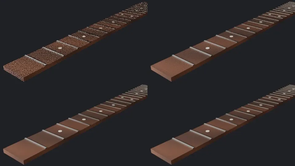 Four renders of the fretboard: 1 sample, full of colored speckles; 16 samples, grainy; 16 samples denoised, smooth; 256 samples, almost smooth