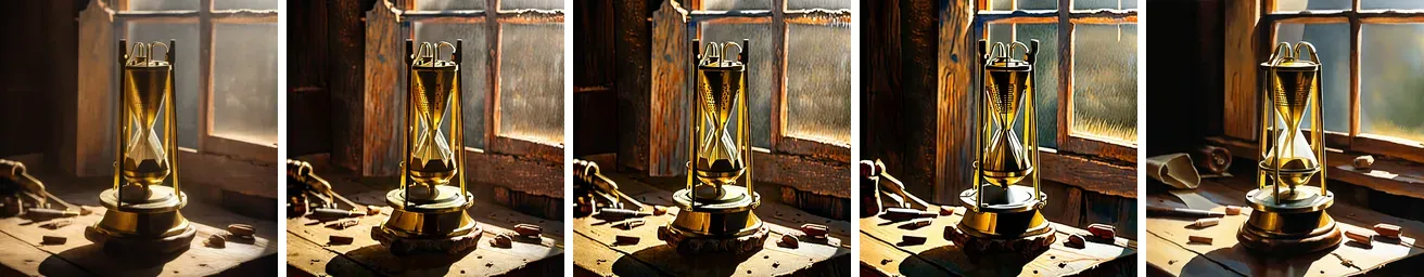 Five images side by side. The first is lesson 1’s photograph of a brass hourglass-like object on a workbench. The next four are watercolor-like versions: with denoise 0.3 and 0.5 the composition is identical and the style changes; with 0.7 the window and tools start to move; with 0.9 the object is simpler, the tools are different and the window has a new shape.