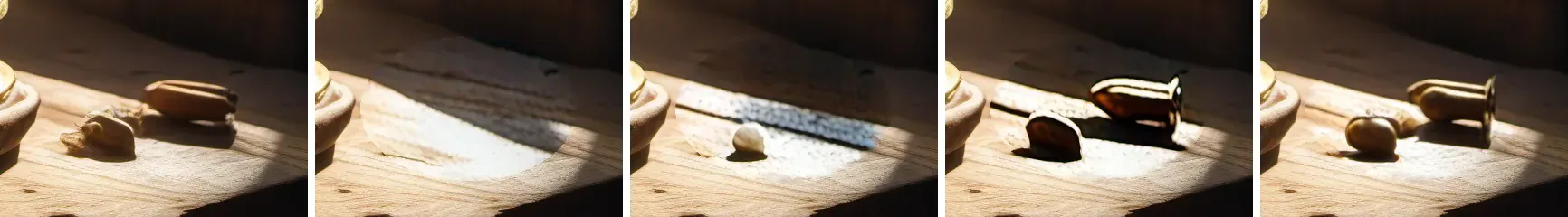Six crops of the front right of the workbench, each 340 by 240 pixels. The original has two small wooden objects. VAEEncodeForInpaint: the objects are gone, and a pale ellipse with a different wood texture shows where the mask was. Noise mask with denoise 1: a flat bluish stripe and a small white blob inside a visible ellipse. Noise mask with denoise 0.8: the two objects are still there, darker and harder, with a dark outline. Inpainting model with denoise 0.99: a brass bell lying on its side and a round wooden piece, in the same light as the rest of the bench.
