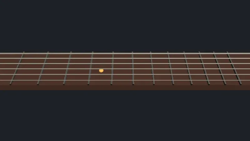 A dark brown fretboard seen from the front at a low angle, light strings running across it and dark metal frets closer together toward the right, with a small orange sphere on one of the middle strings, between two frets left of center.