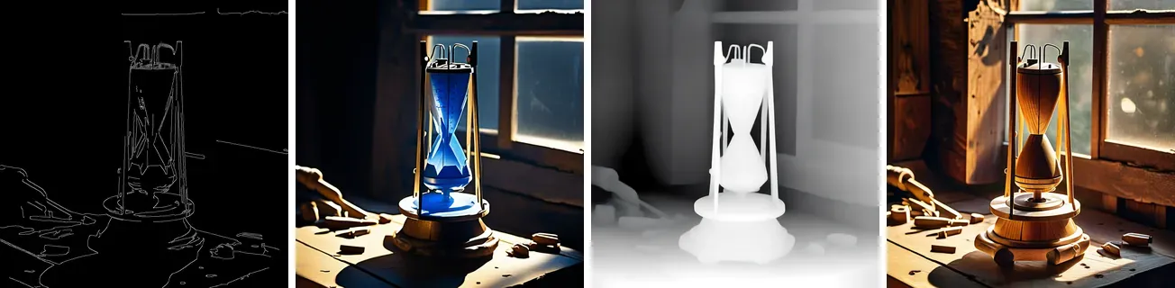 Four images of 1024 pixels side by side. First, white edges on black: the outline of the hourglass-like object, its base, the window frame and the tools on the bench. Second, the same object carved in translucent blue ice, standing on its wooden base, in the same place and light. Third, a gray depth map: the object and its base in white, the bench in light gray, the window dark gray. Fourth, the object redrawn in polished wood with the same silhouette, with small wooden pieces around it.