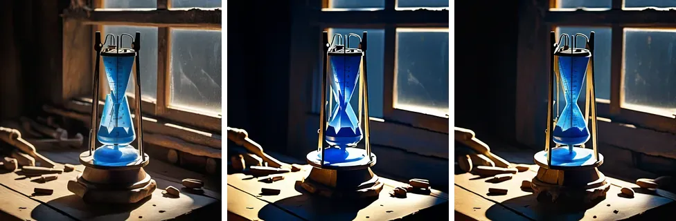 Three renders of the ice object side by side. With strength 0.3, the object has the same shape, the light is softer and the window bars are in slightly different places. With strength 1.0, the image is almost the same as with 0.8. With end percent 0.3, the image is almost the same as with the ControlNet on for every step.