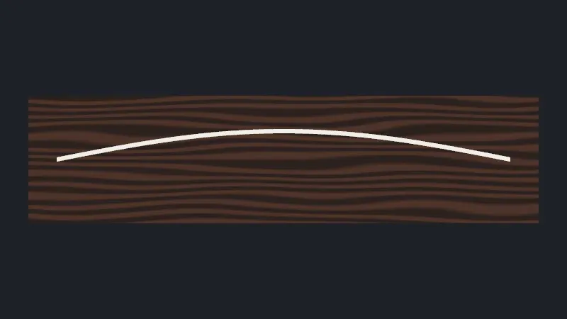A dark brown board with fine wavy horizontal grain filling the middle of the frame, and a thin cream-colored string bowed upward in a smooth arc, fixed at both ends.