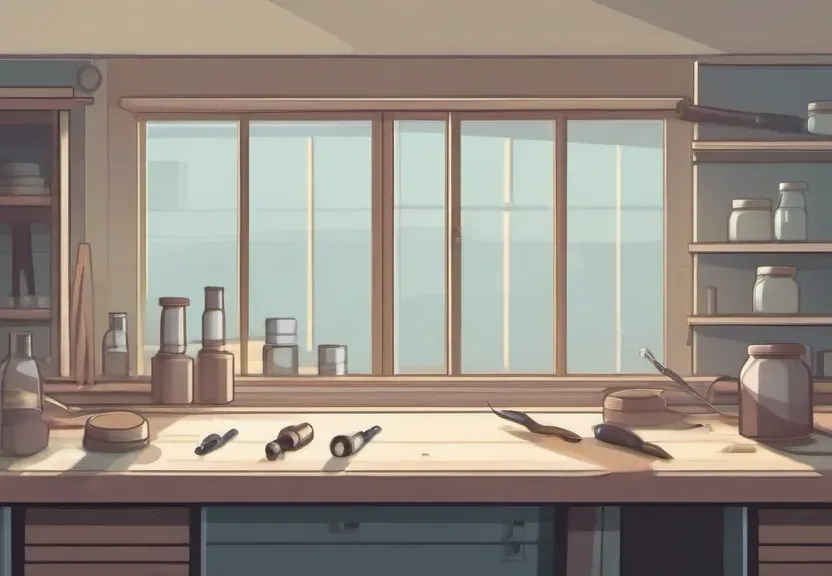 An illustration of an empty, tidy workshop: a long light-wood workbench under a wide window in soft daylight, a few small tools and jars laid out on it, shelves with glass jars on the right. No people, no text.