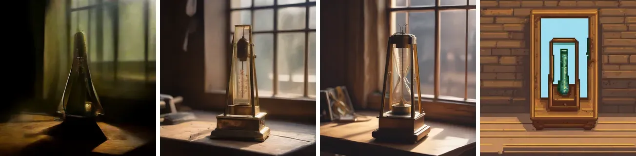 Four images side by side. SDXL base with 4 steps: a dark, blurry cone-shaped object in front of a window. LCM-LoRA: a sharp brass and glass instrument with a scale, on a bench by a window. SDXL-Lightning: a brass lantern-like object holding an hourglass, by a window, sharp. LCM-LoRA with Pixel Art XL: a pixel art wooden cabinet with a green tube inside a frame, on a brick wall.