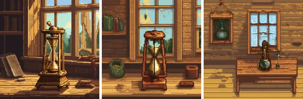 Three pixel art images side by side. With strength 0.5, a detailed brass hourglass-like object on a workbench, in front of a window with trees, with fine pixels. With strength 1.0, a simpler object in a wooden room with bottles on a shelf, with coarser pixels. With strength 1.5, no metronome: a small table with a green flask, a framed picture and a window, in large flat pixels.