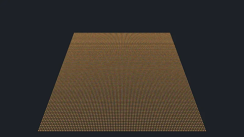 A dense grid of tiny orange dots forming a trapezoid on a dark background, seen from above at an angle, narrower toward the top.