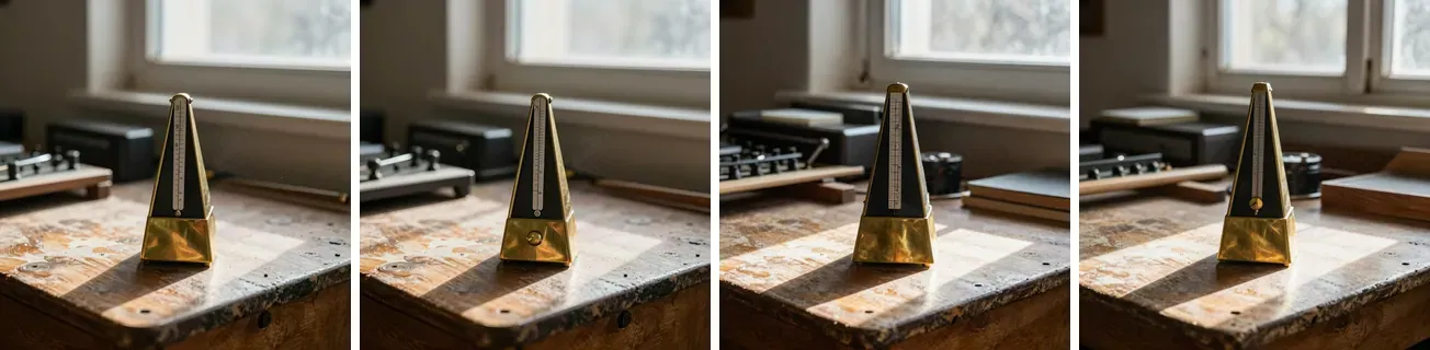 Four renders side by side, each a gold and black pyramid metronome on a worn wooden workbench in front of a window. The first two are nearly the same; the last two show the same scene with the objects arranged differently.