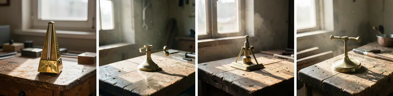 Four renders side by side. First, Z-Image-Turbo’s pyramid metronome on a workbench. Then three FLUX.2 klein 4B renders of a dusty workshop, each with a brass stand with a crank or arms on a worn bench instead of a metronome.