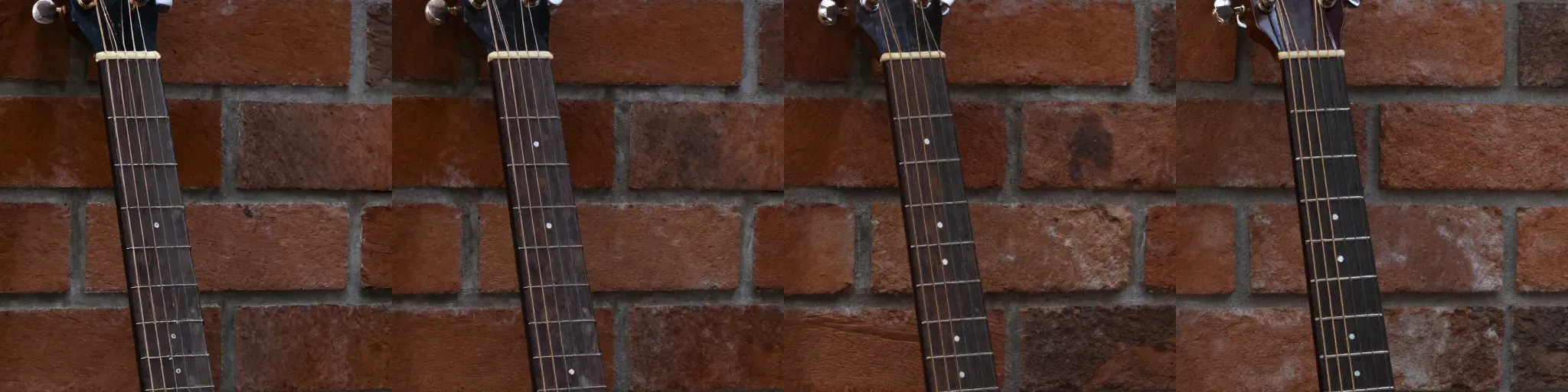 Four 512 × 512 crops of the guitar’s headstock and neck against the brick wall, after the hires fix at denoise 0.2, 0.33, 0.5 and 0.7. At 0.2 the image is the upscaled one with a little more texture. At 0.33 the bricks gain grain. At 0.5 the mortar lines and brick stains change. At 0.7 the headstock is redrawn with different tuners, and the neck is narrower.