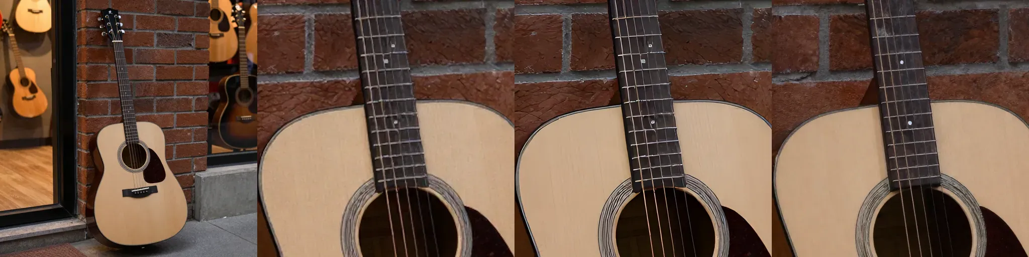 Four panels. First, the whole 1024 × 1024 render: an acoustic guitar leaning against a brick wall next to a shop window with more guitars. Then the same 512 × 512 crop of three 2048 × 2048 versions: Lanczos, soft; Real-ESRGAN, sharp strings and brick; hires fix, with new wood grain and brick texture and the fret markers moved.
