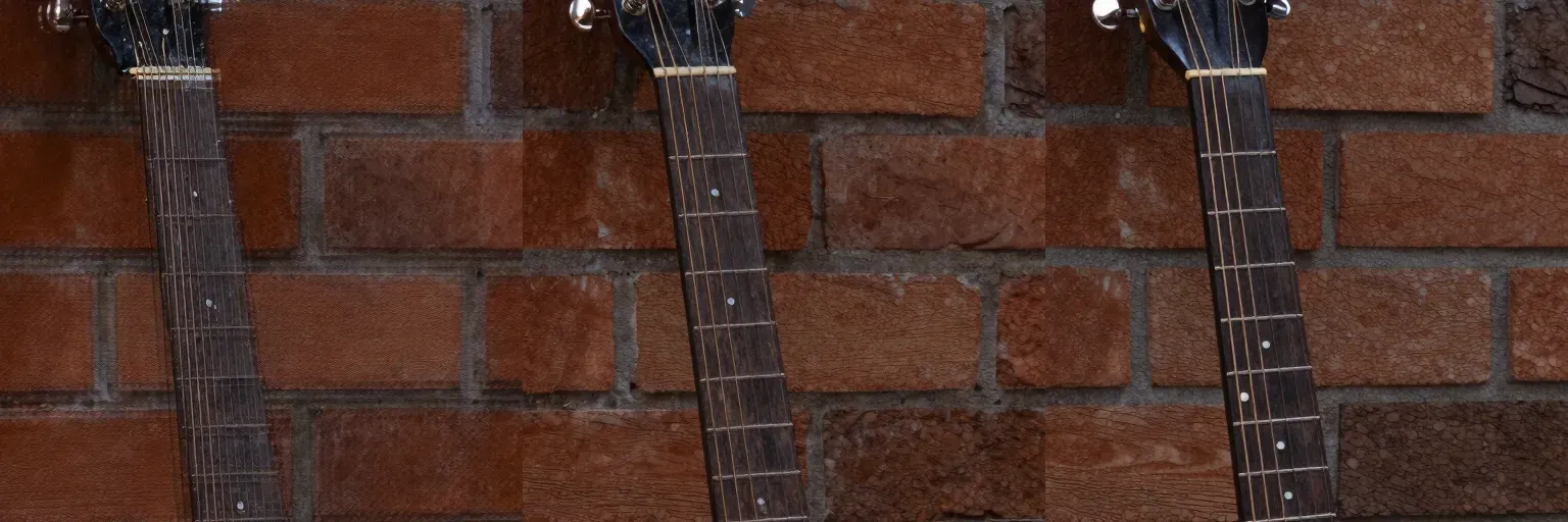 Three 512 × 512 crops of the same headstock and neck after a latent upscale and a second pass at denoise 0.3, 0.55 and 0.75. At 0.3 the image is covered with a fine noisy grain and the strings are doubled. At 0.55 it is clean, with the brick redrawn. At 0.75 the headstock and the fret markers are redrawn.