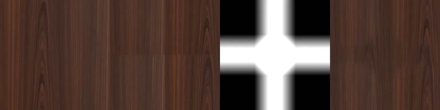 Four 384 × 384 panels. A rosewood texture with vertical grain. The same texture offset by half, with a visible horizontal and vertical seam in the middle. A black square with a white cross, soft at its edges. The result, where the middle shows continuous grain and no hard line.