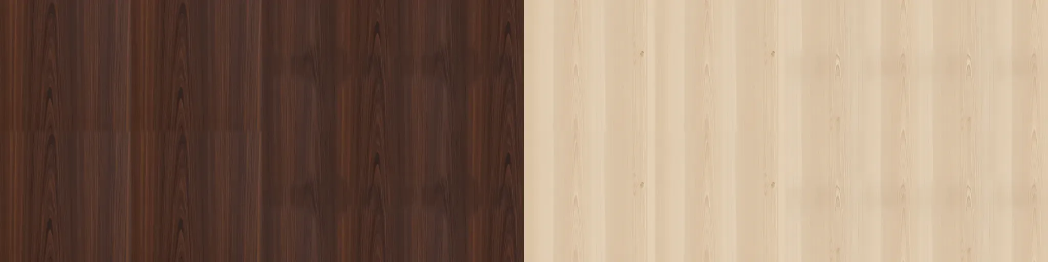 Four tiled previews, each a 2 × 2 repeat. Rosewood as rendered: a clear grid of hard seams. Rosewood after the repair: no hard seams, with slightly darker and lighter blocks still visible. Pale maple as rendered: a grid of seams. Maple after the repair: no hard seams, with soft vertical bands of lighter and darker wood.