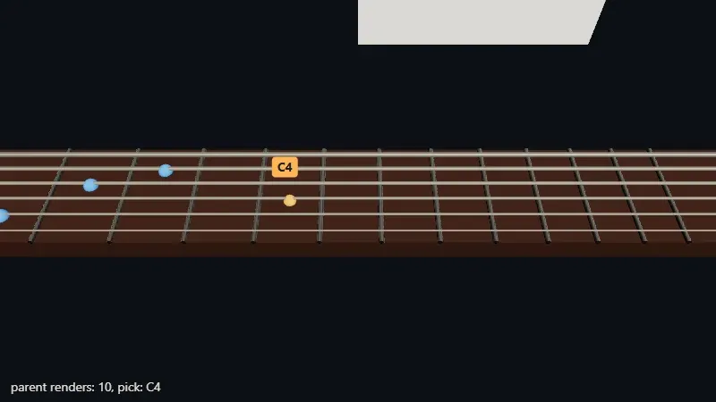 The same fretboard from closer, with a solid off-white quadrilateral at the top of the frame where a line of text should be.