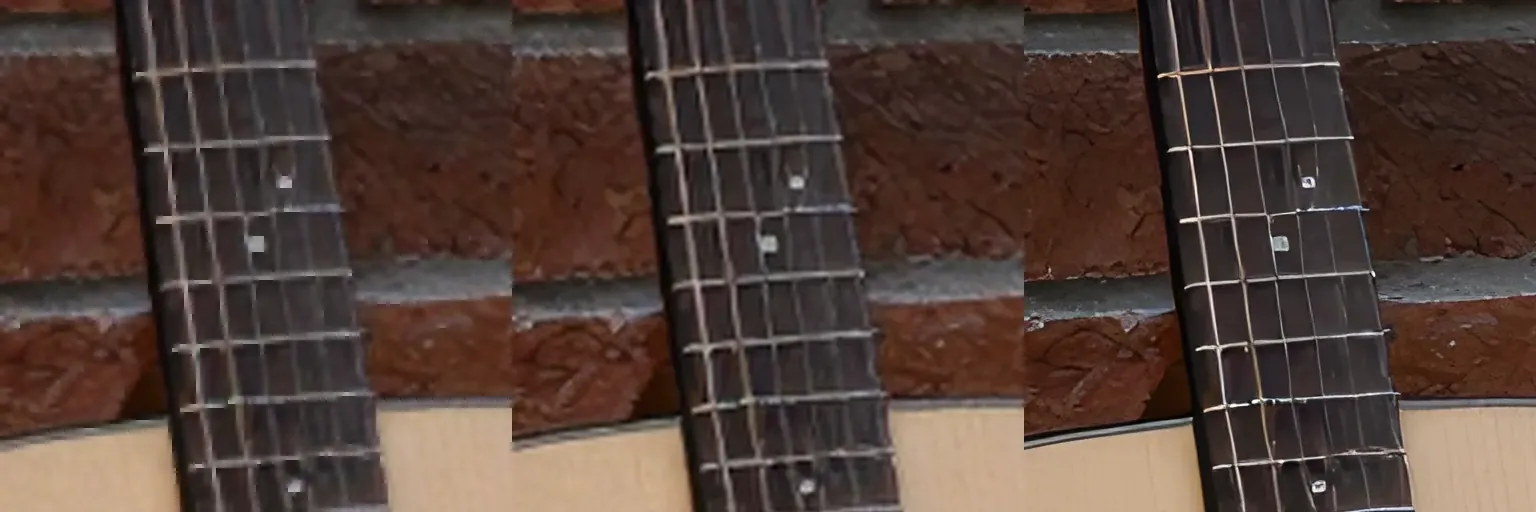 Three 512 × 512 crops of the same guitar neck against a brick wall, enlarged four times. Nearest: square blocks of four pixels on the strings and frets. Lanczos: smooth but soft, with light halos along the frets. Real-ESRGAN: sharp frets and strings, flatter brick, and the fret wire drawn as clean bright lines.