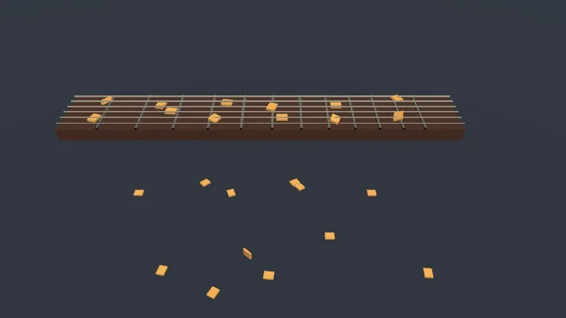 A dark brown neck with metal frets and strings, seen from the front and above, with orange picks lying flat or tilted between the frets, and more picks scattered on the dark floor in front of it.
