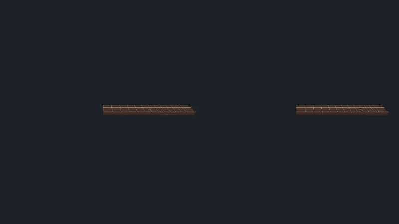 Two nearly identical views side by side on a dark background, each showing a small brown fretboard with frets and strings, seen from above at an angle, slightly shifted between the left and right halves.