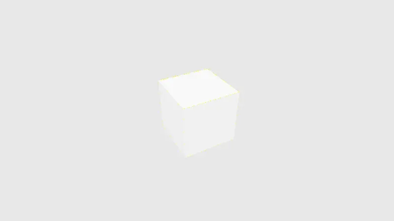 A light gray cube on a light gray background, with a dotted yellow line along its outer edges where pixelmatch detected anti-aliased pixels that differ; the faces show no marked difference.