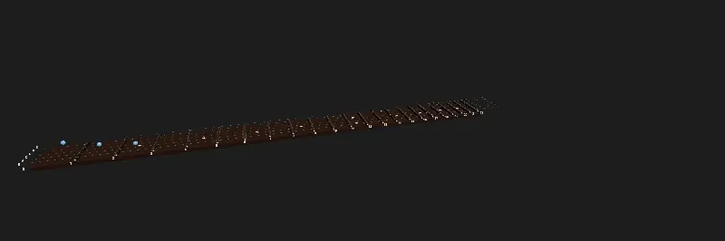 A long dark brown neck with 22 frets seen from the side and above, receding to the right, with small white inlay dots, fret numbers along the near edge, and three blue markers of a C major chord near the nut on the left.