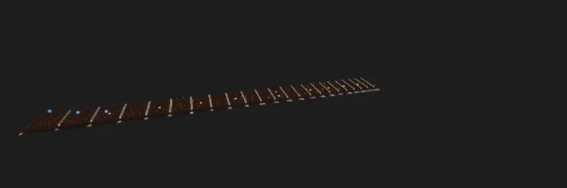The same neck, drawn by the port, slightly darker, with thinner frets, the inlays, and three blue chord markers near the nut.