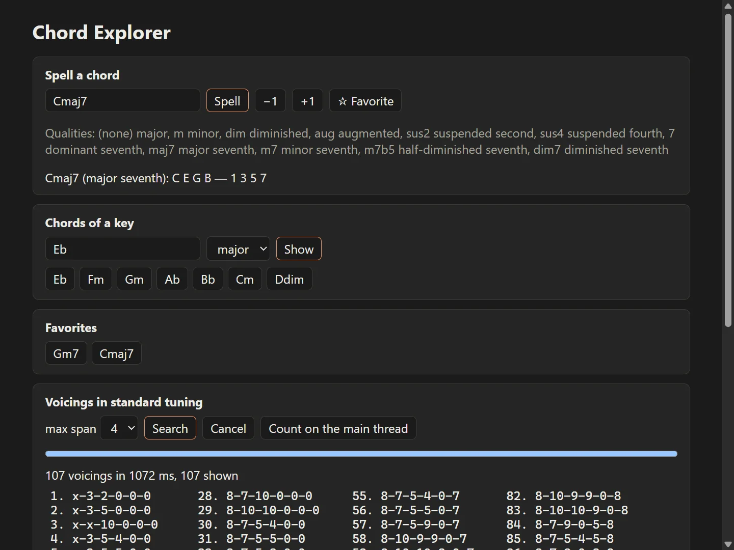 The Chord Explorer window in dark mode: Cmaj7 spelled as C E G B, the chords of E flat major, two favourites (Gm7 and Cmaj7), and 107 voicings of Cmaj7 found in 1072 ms, listed in four columns.