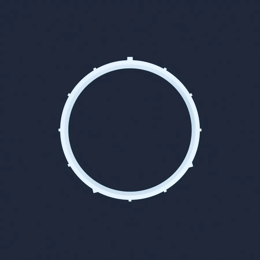 A white plastic ring seen straight down from above on a dark background, showing its smooth round bore. Twelve small marks are evenly spaced around the outside, with a wider one at twelve o’clock and small pointed studs at twelve, four and eight o’clock.