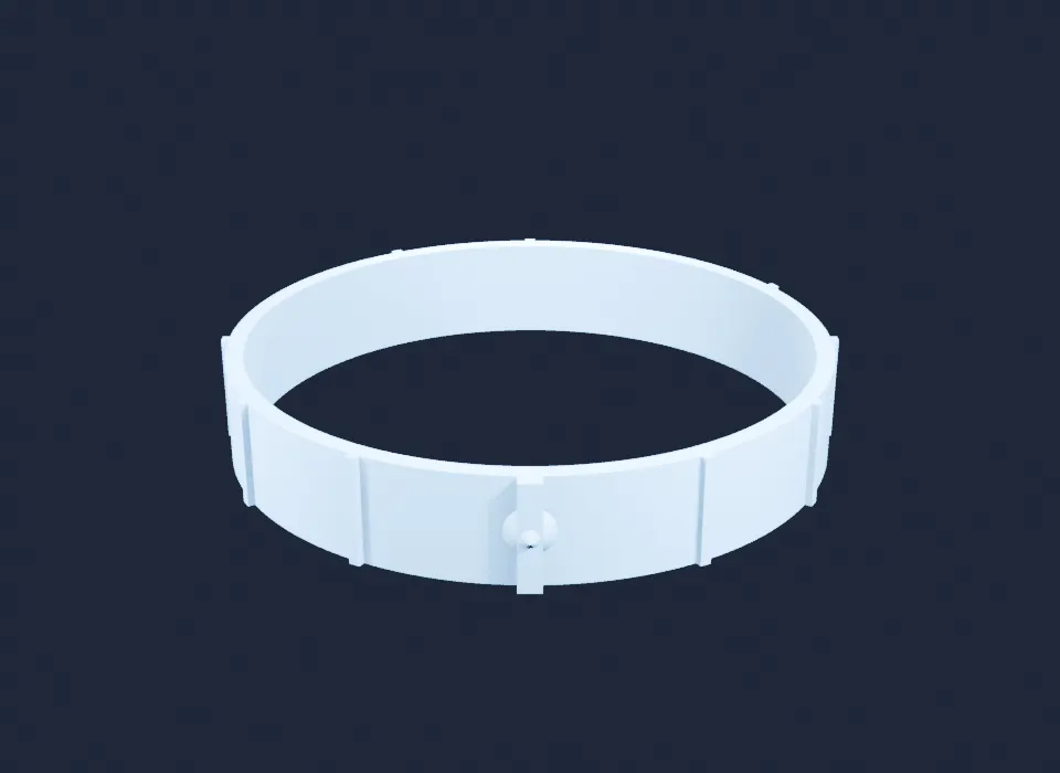 A white plastic bangle photographed at a low angle on a dark blue background. Twelve thin vertical ribs are spaced evenly around its outside; a wider raised keel faces the camera with a small cone on it, and two more cones sit on the sides.