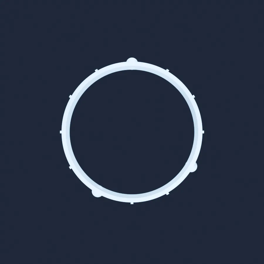 A white plastic ring seen straight down from above on a dark background. Twelve small marks are evenly spaced around the outside, and rounded beads sit at twelve o’clock, four o’clock and eight o’clock.