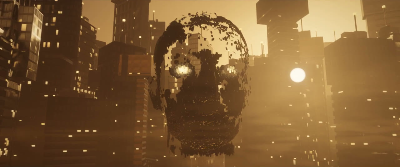 The swarm's face among the towers, in the afternoon haze, with the sun beside it